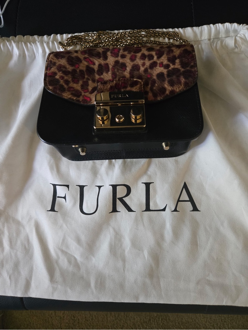 Furla Black Leather Crossbody with Leopard Fur Print Flap and Red Accents - Picture 2 of 8